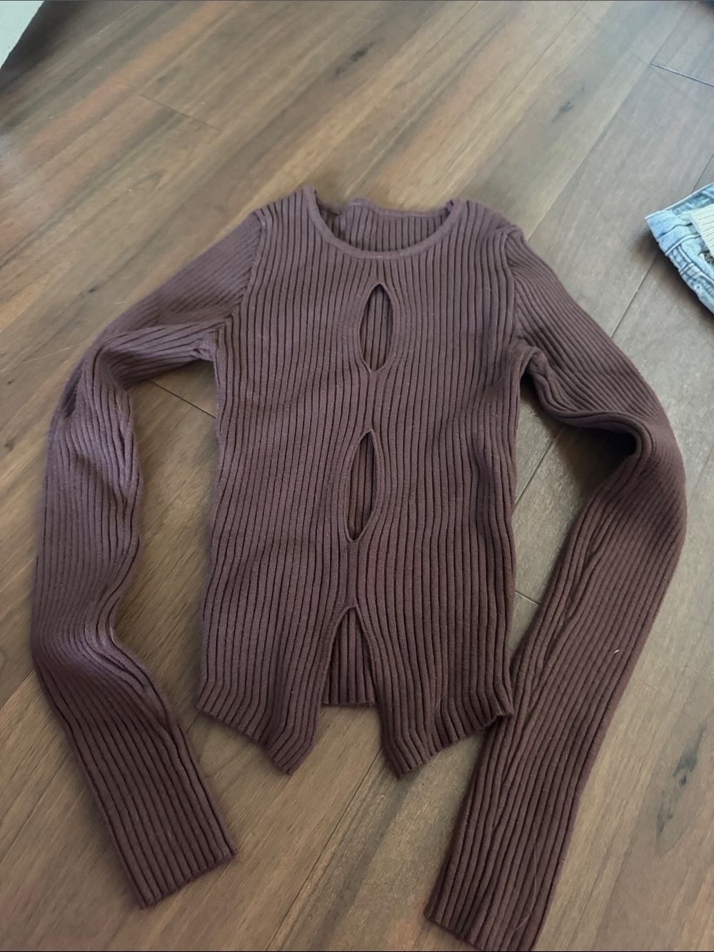Ribbed Long Sleeve Cutout Sweater - Brown
